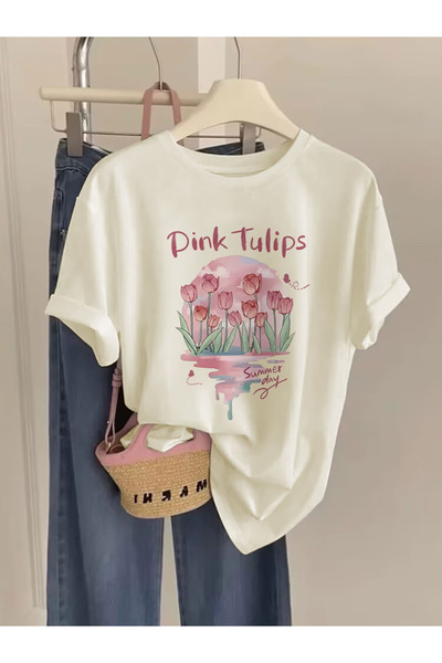 Nivorix TULİP Baskılı Oversize Pamuklu Bisiklet Yaka T-Shirt tshirt