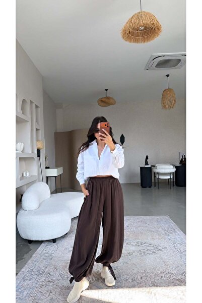 Buket Teke Pantaloni shalwar din tensel maro cu detaliu de legare la tiv