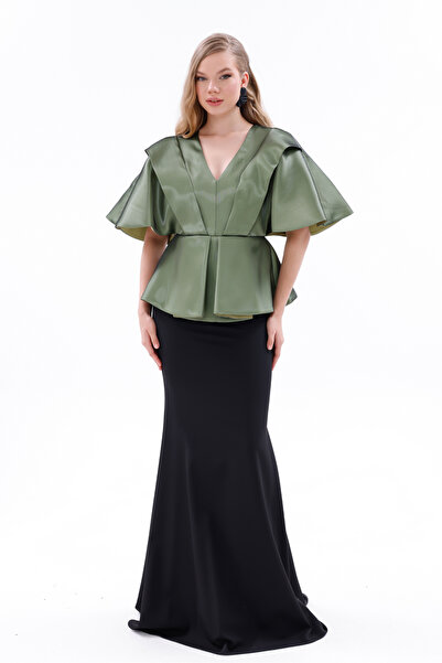 Stylish Flywheel Detailed V-Neck Top Design Fish Form Long Evening Dress