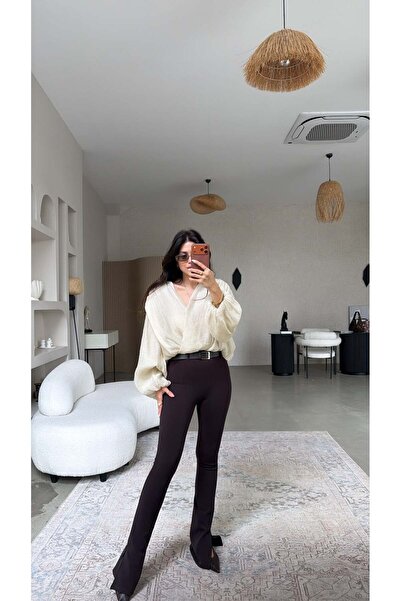 Buket Teke Καφέ Παντελόνι Κολάν με Πλήρη Ενίσχυση Μέσης και Σχισμή στο Πόδι