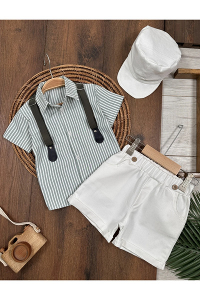 Bolly Baby Striped Shirt, Suspender Belt, Hat, Linen Shorts, Summer Baby Boy Set