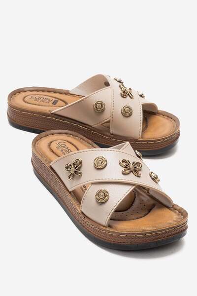 CCWAY AYAKKABI Γυναικείες παντόφλες με διακοσμητικές λωρίδες και αξεσουάρ ΜΠΕΖ