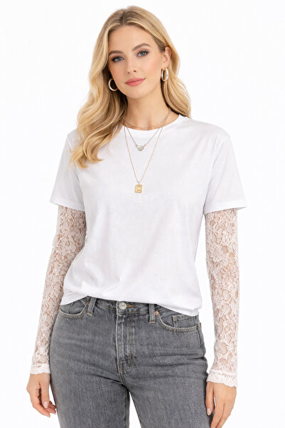 KAREL BUTİK Γυναικείο μπλουζάκι με λευκά μανίκια, δαντελένια διακόσμηση και ν...