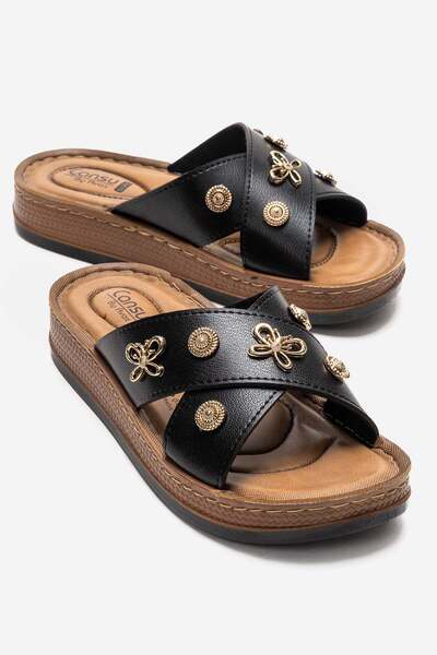 CCWAY AYAKKABI Γυναικείες παντόφλες με διακοσμητικές λωρίδες και αξεσουάρ ΜΑΥΡΕΣ