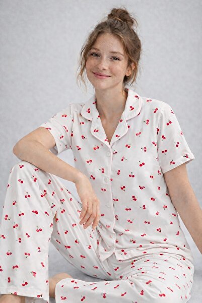 rindahomewear Single Jersey Fabric Cherry Patterned Buttoned Pajama Set