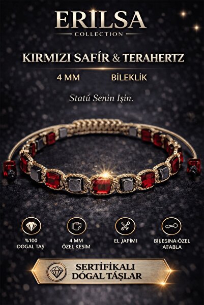 Erilsa Sertifikalı Kırmızı Safir Terahertz Bileklik 4 MM Doğal Taş Unisex Aya...