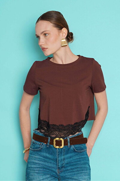 VERYMODA Lace Detailed Crew Neck T-Shirt - Brown |   D3001