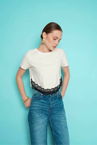 VERYMODA Majica sa čipkastim detaljima i okruglim izrezom - Krem | D3001