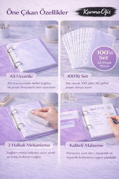 KarmaOfis Set de foldere A5 liliac cu 2 inele + pungă cu 100 de dosare |   Organizator, Agendă, Planificator, Organizator de documente