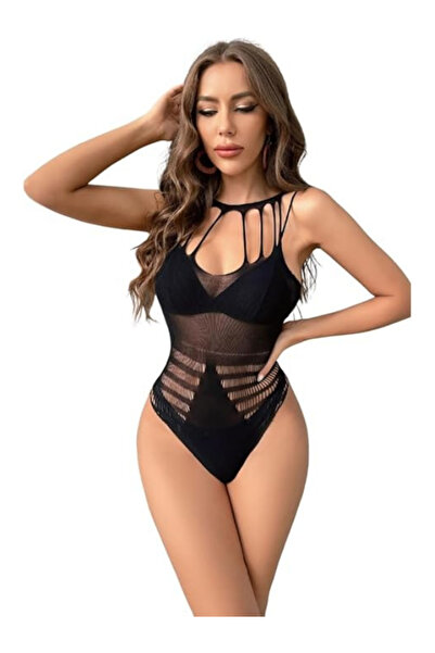 Yanları Dekolteli Siyah Wrap Kesim Tasarım Büstiyer/Vücut Çorabı
