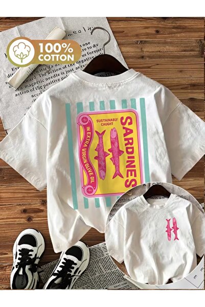 AEMİ Μπλουζάκι Unisex με στάμπα Σαρδέλες και Σαρδάλια, Oversize Crew Neck