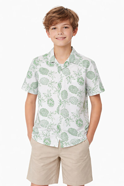 İrem Çocuk Giyim Boy's Pineapple Patterned Button Closure White Color Short S...