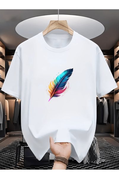 gencerco Tricou supradimensionat premium cu imprimeu cu pene colorate, 1 bucată