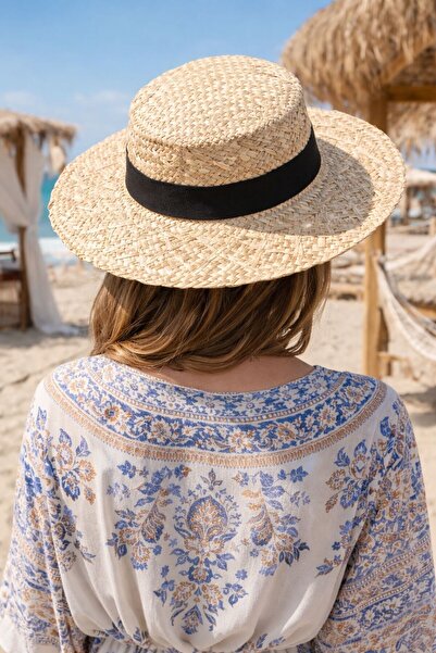 FELLMENS Μπεζ ριγέ λεπτομερές στρογγυλό ψάθινο γυναικείο καπέλο γόνδολας