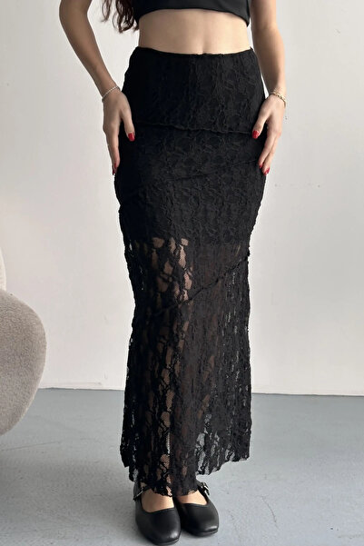 Lusin Γυναικεία μαύρη δαντελένια φούστα με λεπτομέρειες, ψηλόμεση, με επένδυσ...