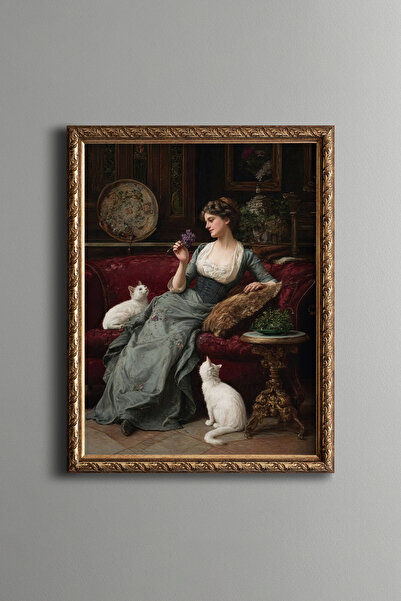 epiqart Kadın ve Kediler – Vintage Desenli Çerçeve – İnce Model