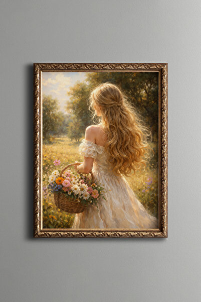 epiqart Çiçek Sepetiyle Kız – Vintage Desenli Çerçeve – İnce Model
