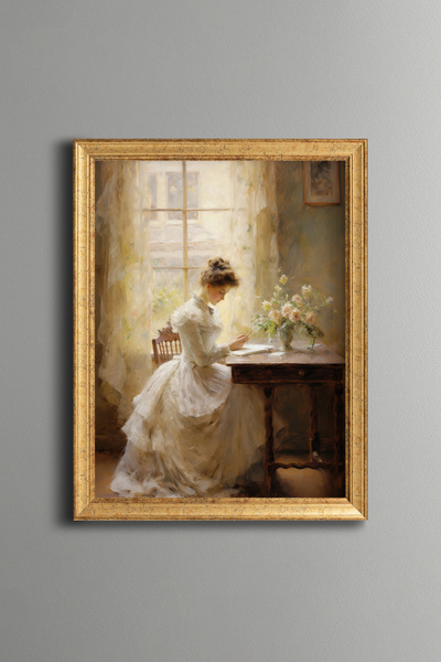 epiqart Pencere Önünde Mektup Yazan Kadın – Vintage Desenli Çerçeve – İnce Model