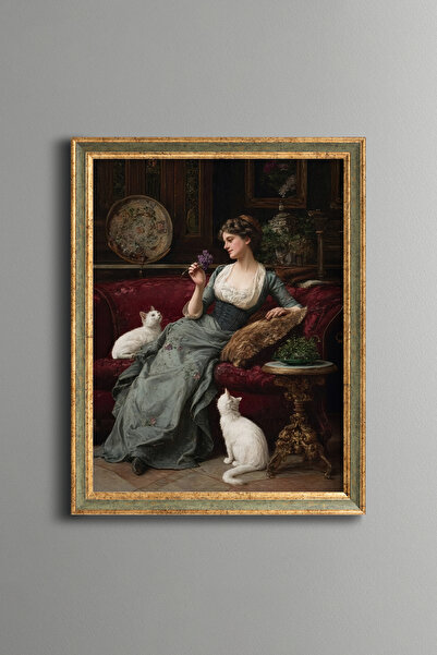 epiqart Kadın ve Kediler – Vintage Desenli Çerçeve – İnce Model