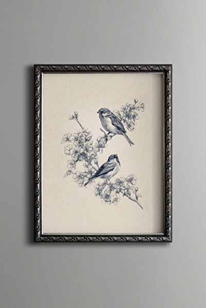 epiqart Two Birds on a Flowering Branch – Vintage Patterned Frame – Slim Model
