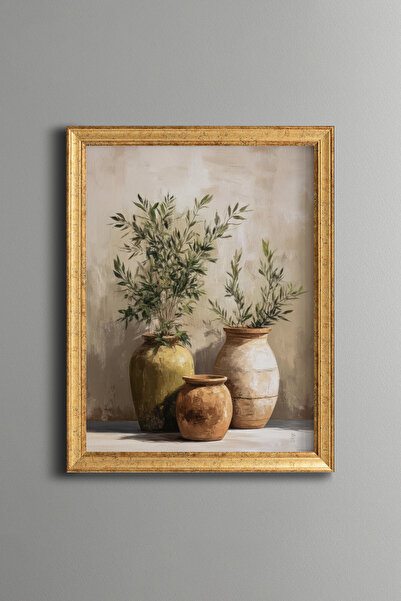 epiqart Seramik Vazolar ve Zeytin Dalları - Vintage Desenli Çerçeve - İnce Model