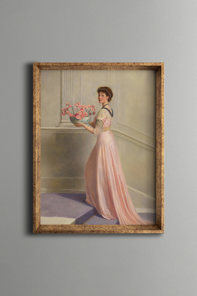 epiqart Woman in Pink Dress and Flowers - Vintage Patterned Frame - Slim Model