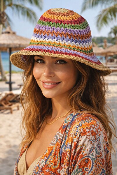 FELLMENS Γυναικείο καπέλο από ψάθινο υλικό, πλεκτό στο χέρι, σε χρώμα καμηλό