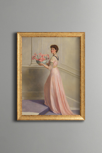 epiqart Woman in Pink Dress and Flowers - Vintage Patterned Frame - Slim Model