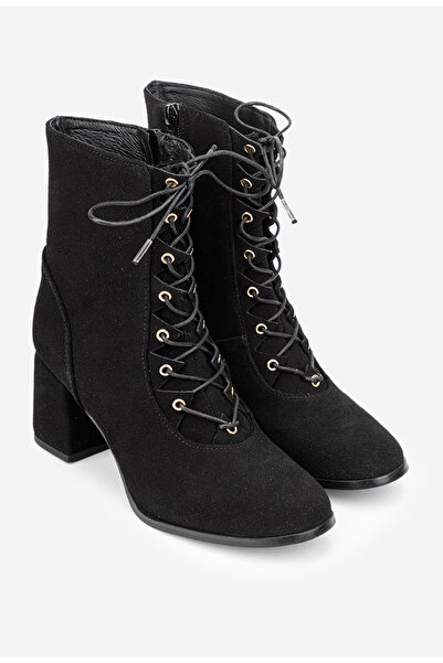 Dasha Botine dama negre din piele intoarsa cu toc