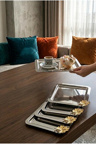 Marla Life 6’lı Metal Servis Tepsisi – Altın Detaylı Dekoratif Sunum Tepsi Seti