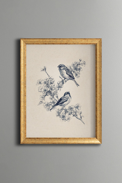 epiqart Two Birds on a Flowering Branch – Vintage Patterned Frame – Slim Model