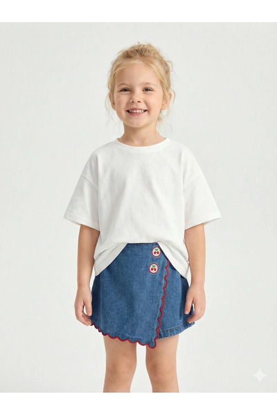 blumi kids Kız Çocuk Kiraz Nakışlı Denim Şort Etek