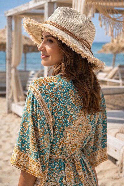 FELLMENS Μπεζ ψάθινο γυναικείο καπέλο Fedora με λεπτομέρειες από κορδόνια