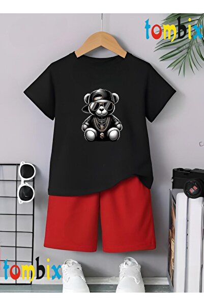 tombix Black Bear Printed T-Shirt Shorts Summer Children's Set