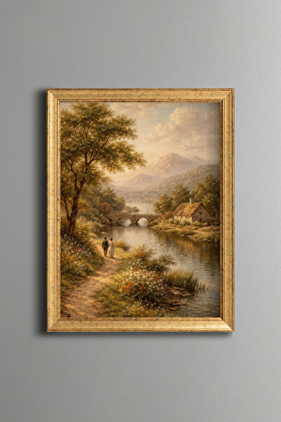 epiqart Nehir Kıyısında Romantik Yürüyüş – Vintage Desenli Çerçeve – İnce Model