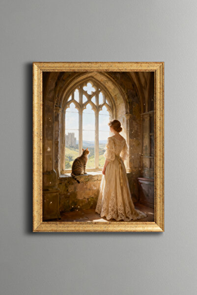 epiqart Pencerede Kadın ve Kedi – Vintage Desenli Çerçeve – İnce Model