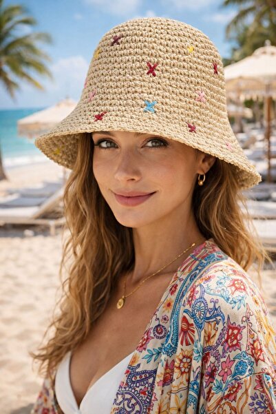 FELLMENS Μπεζ Κεντημένο Πλεκτό στο χέρι Γυναικείο Καπέλο Bucket