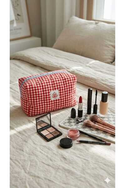 BN ÇAKİ Red Checked Makeup Bag - Medium Size