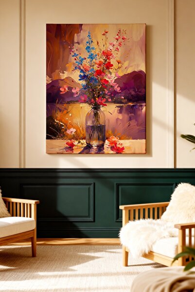 ART NEST DEKOR VAZODAKİ RENKLİ ÇİÇEKLER YAĞLI BOYA GÖRÜNÜMLÜ CANVAS TABLO