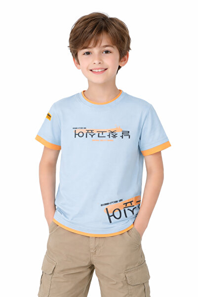 İrem Çocuk Giyim Boy's Blue Color Short Sleeve T-Shirt with Japanese Text Pat...