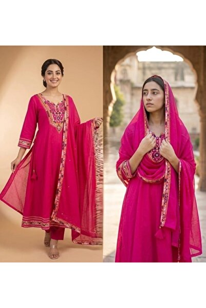 Genaric Women’s Elegant Embroidered Kurta Set with Dupatta – 3/4 Sleeve Ethnic Kurtis & Pants Suit,