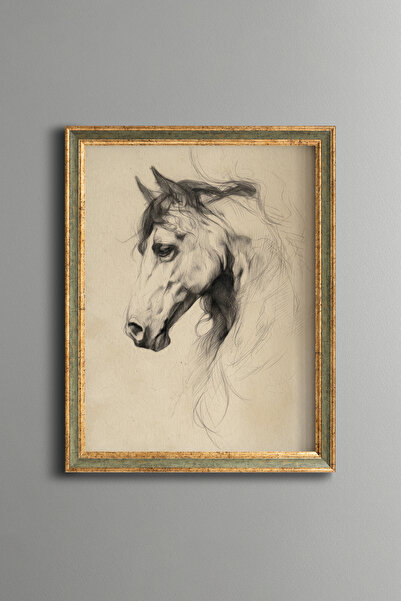 epiqart Charcoal Horse Portrait – Vintage Patterned Frame – Slim Model
