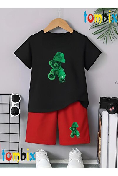 tombix Green Hat Bear Printed T-Shirt Shorts Summer Children's Set