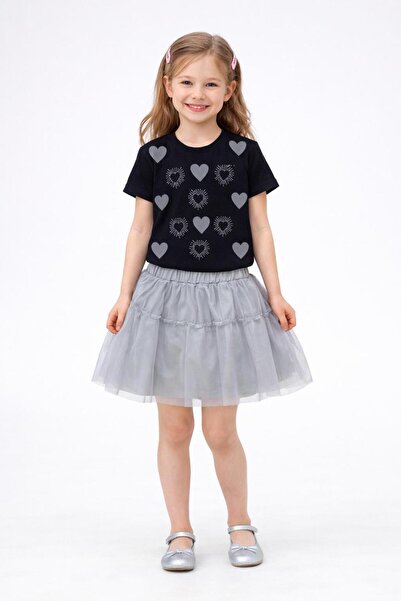trikomode Girl's Black 2-Piece Heart Tulle Lined Skirt Top and Bottom Set