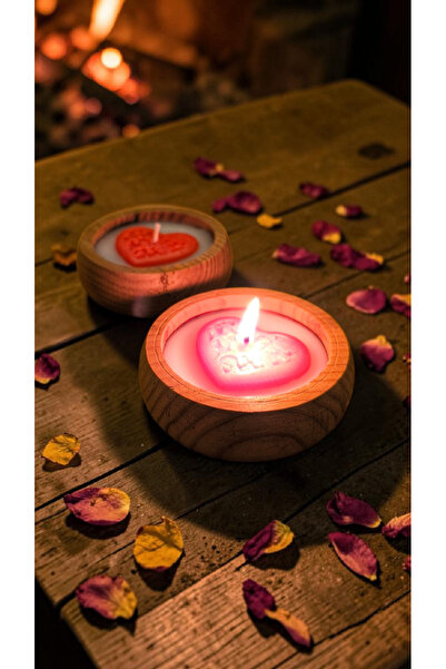 Ahşap Kaseli Kalpli Kokulu Mum 2’li Set – Dekoratif Romantik Tasarım (8x2.5 cm)