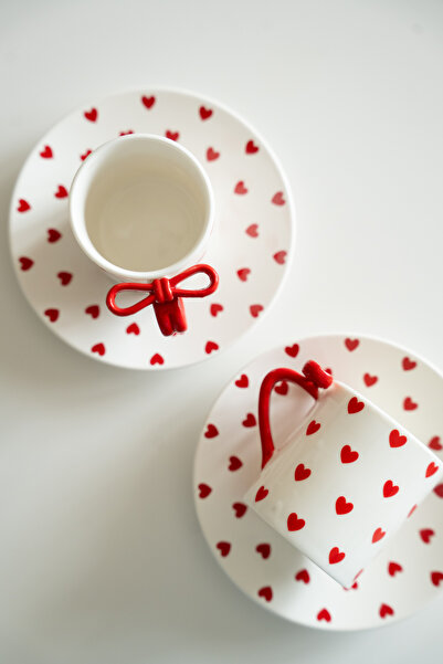 Dekorzdükkan Fiyonk Kulplu 2’li Porselen Kahve Fincanı Seti