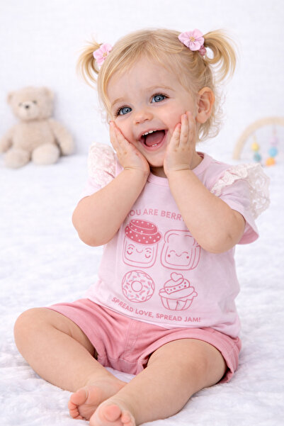 Nissara Kids Kız Bebek Pembe Baskılı Tişört & Şort 2’li Yazlık Takım