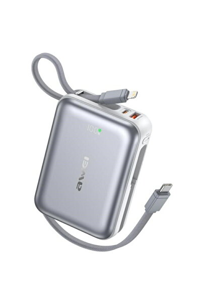 AWEI Powerbank C03 20000mAh 45W USB-C, cabluri integrate, argintiu
