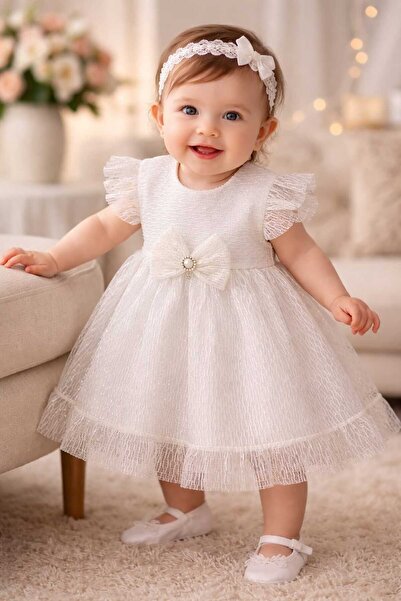 Lina Baby Bloom Kız Bebek Beyaz Tül Elbise Fiyonk Detaylı Mevlüt & Özel Gün E...
