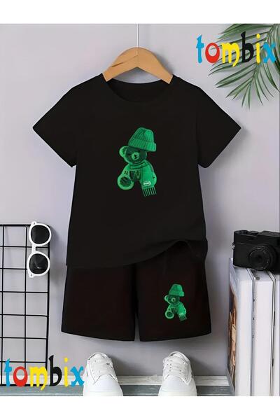 tombix Green Hat Bear Printed T-Shirt Shorts Summer Children's Set